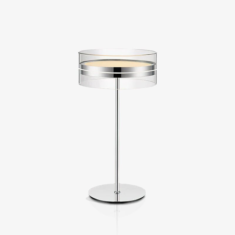 Modern Chrome LED Table Lamp with Cylindrical Glass Shade and Acrylic Elements for Bedroom Decor