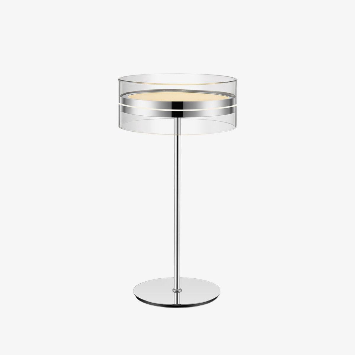 Modern Chrome LED Table Lamp with Cylindrical Glass Shade and Acrylic Elements for Bedroom Decor