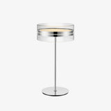 Modern Chrome LED Table Lamp with Cylindrical Glass Shade and Acrylic Elements for Bedroom Decor