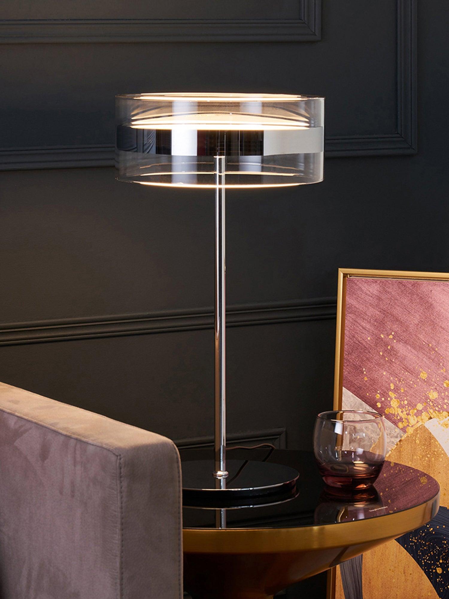 Modern Chrome LED Table Lamp with Cylindrical Glass Shade and Acrylic Elements for Bedroom Decor