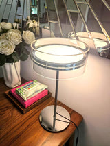 Modern Chrome LED Table Lamp with Cylindrical Glass Shade and Acrylic Elements for Bedroom Decor
