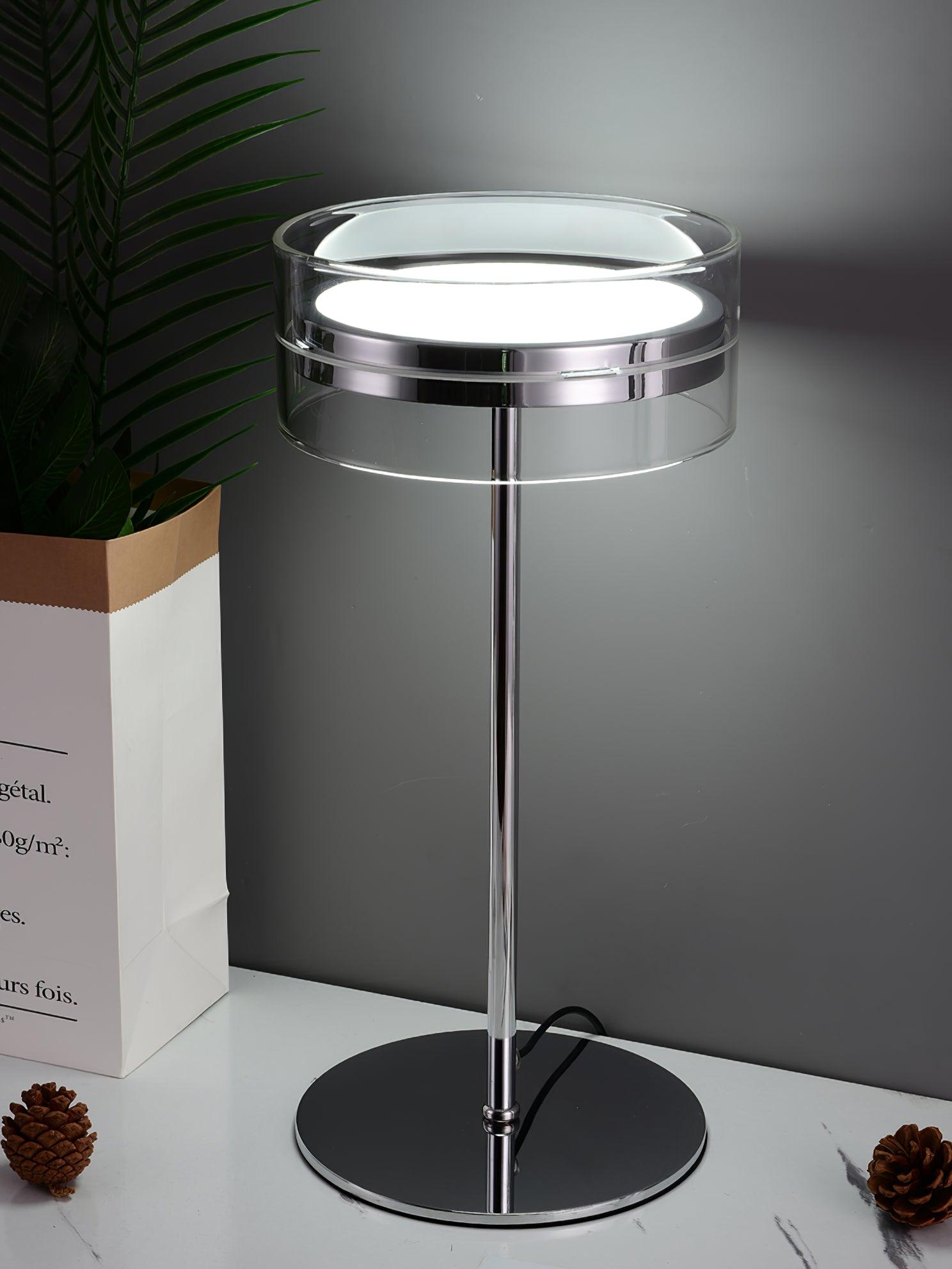Modern Chrome LED Table Lamp with Cylindrical Glass Shade and Acrylic Elements for Bedroom Decor