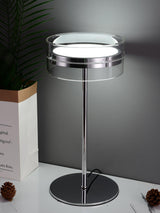 Modern Chrome LED Table Lamp with Cylindrical Glass Shade and Acrylic Elements for Bedroom Decor