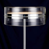 Modern Chrome LED Table Lamp with Cylindrical Glass Shade and Acrylic Elements for Bedroom Decor