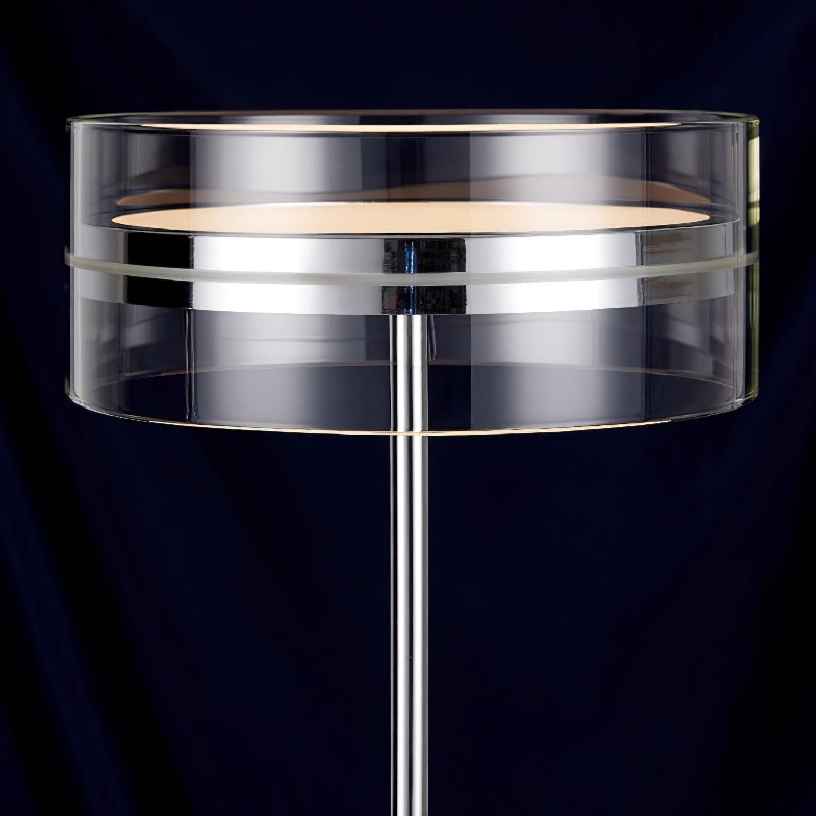 Modern Chrome LED Table Lamp with Cylindrical Glass Shade and Acrylic Elements for Bedroom Decor