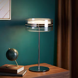 Modern Chrome LED Table Lamp with Cylindrical Glass Shade and Acrylic Elements for Bedroom Decor
