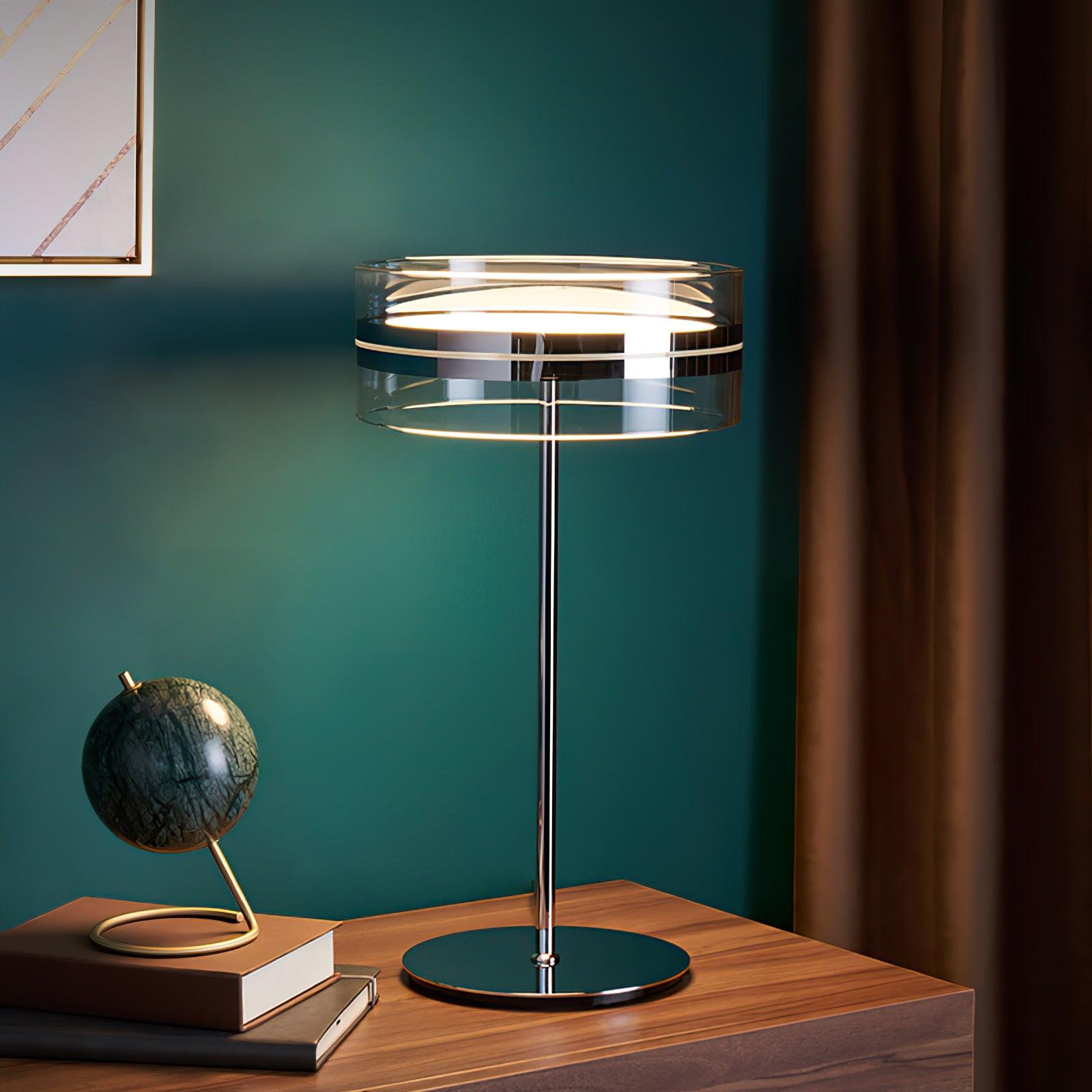 Modern Chrome LED Table Lamp with Cylindrical Glass Shade and Acrylic Elements for Bedroom Decor