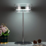 Modern Chrome LED Table Lamp with Cylindrical Glass Shade and Acrylic Elements for Bedroom Decor