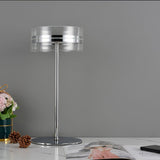 Modern Chrome LED Table Lamp with Cylindrical Glass Shade and Acrylic Elements for Bedroom Decor