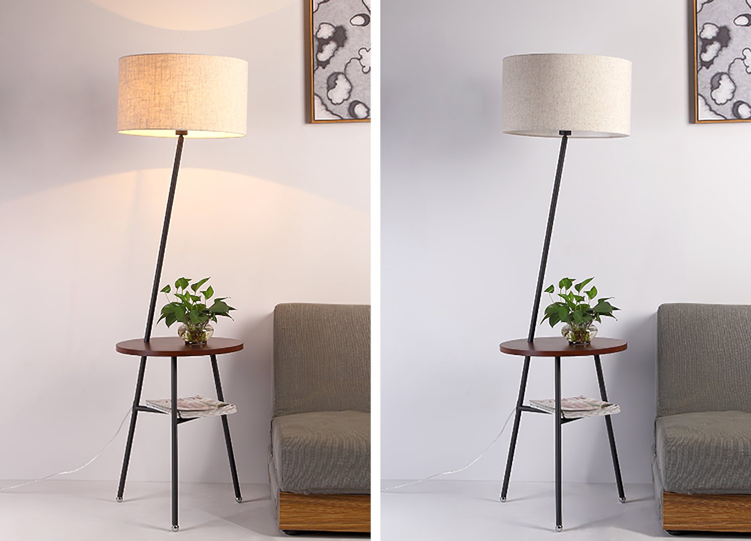 modern-inclined-wood-floor-lamp-with-fabric-shade-and-integrated-side-table