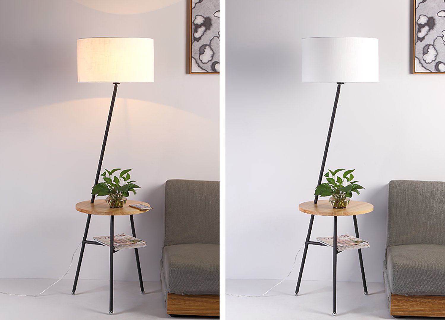 modern-inclined-wood-floor-lamp-with-fabric-shade-and-integrated-side-table