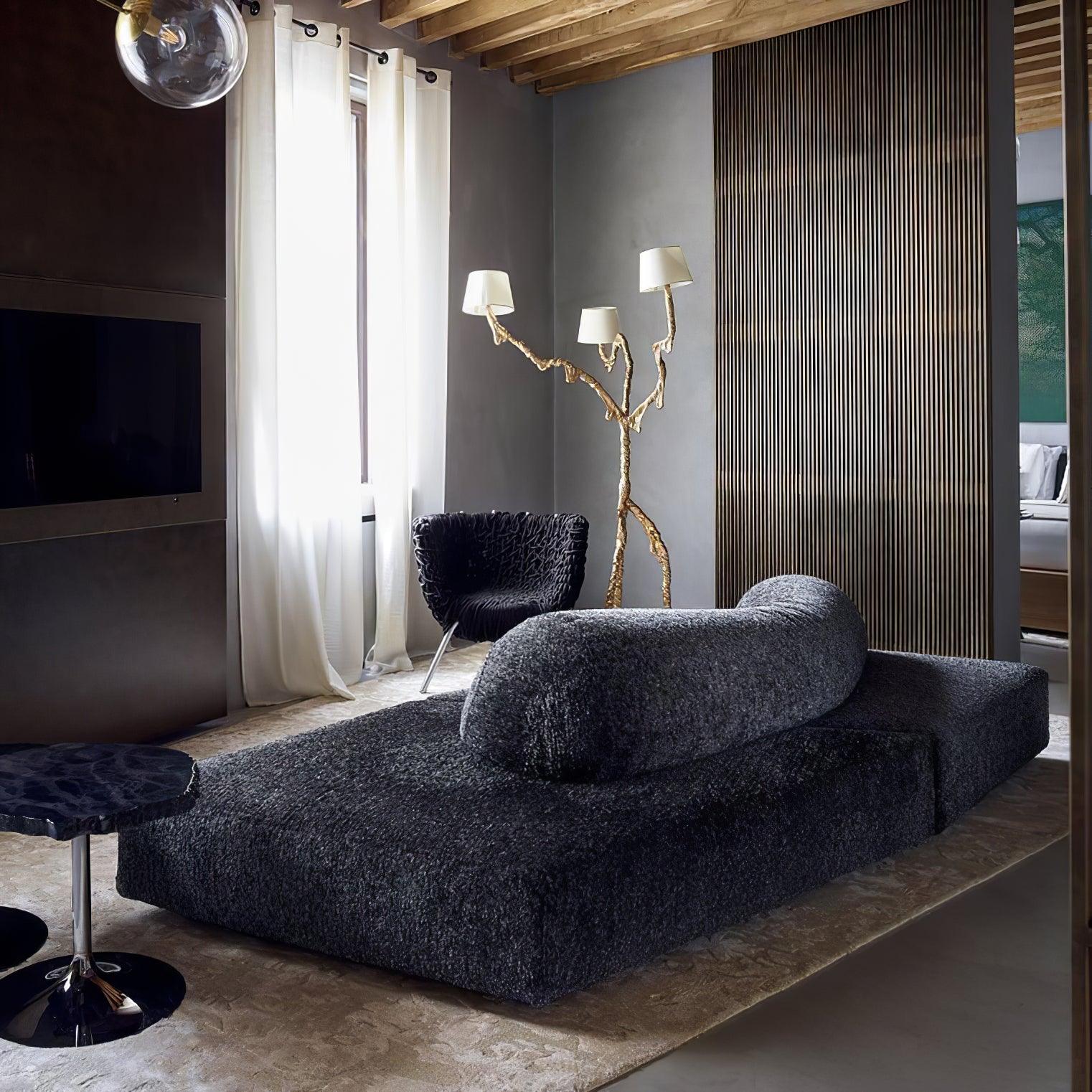 Ines Large Sculptural Floor Lamp Modern Uplight Brass and Fabric Standing Light