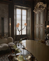Ines Large Sculptural Floor Lamp Modern Uplight Brass and Fabric Standing Light