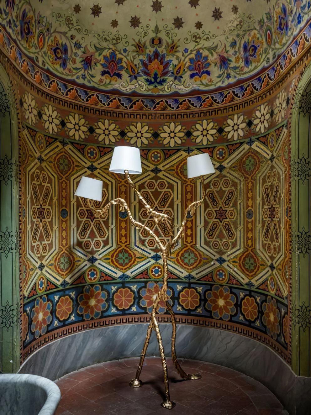 Ines Large Sculptural Floor Lamp Modern Uplight Brass and Fabric Standing Light