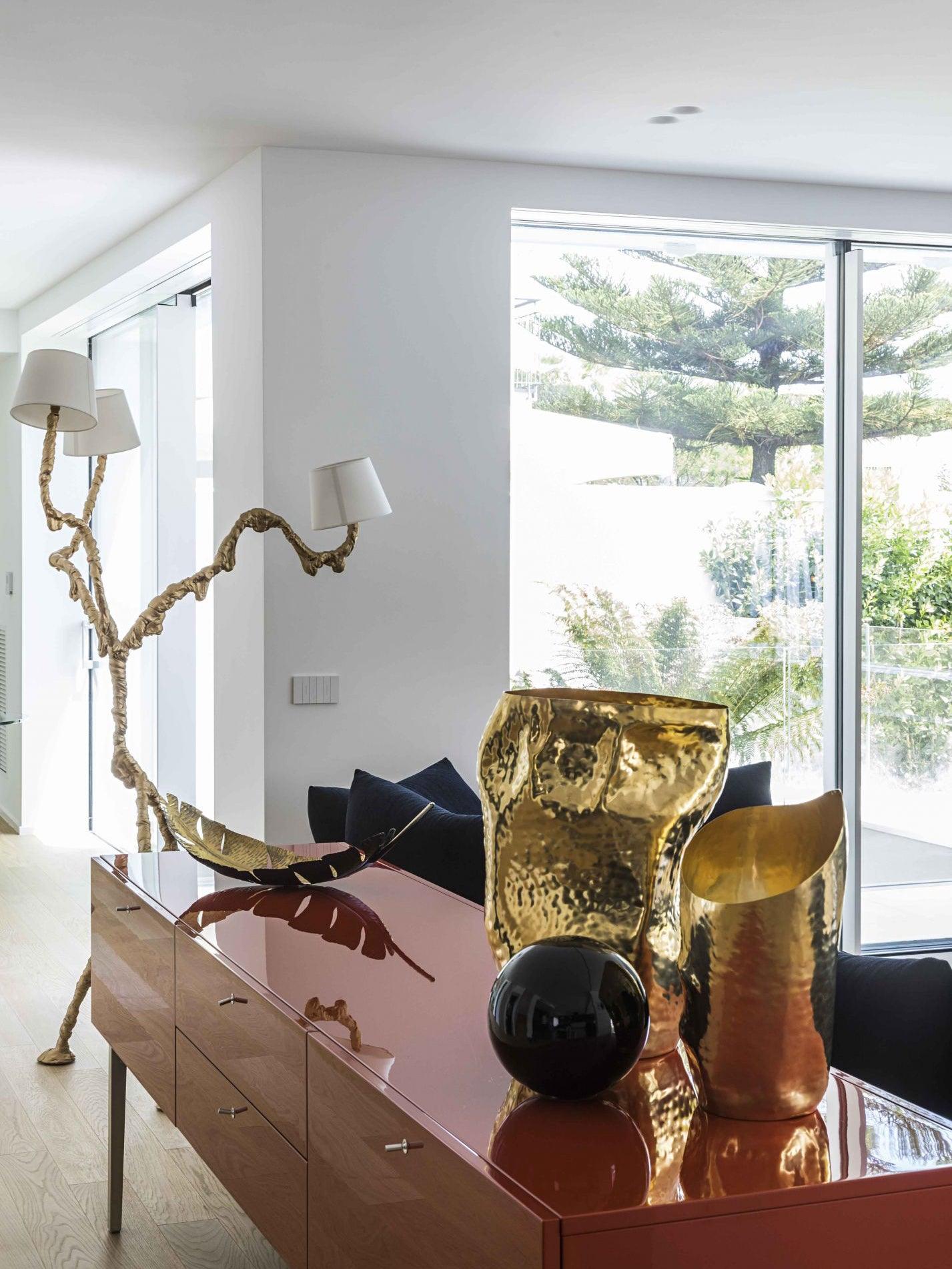Ines Large Sculptural Floor Lamp Modern Uplight Brass and Fabric Standing Light