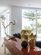 Ines Large Sculptural Floor Lamp Modern Uplight Brass and Fabric Standing Light