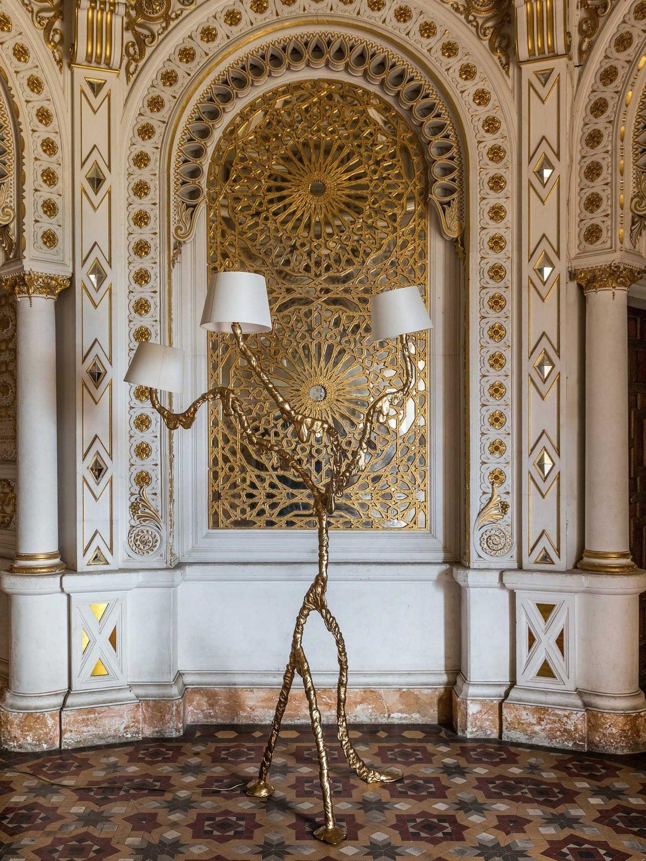 Ines Large Sculptural Floor Lamp Modern Uplight Brass and Fabric Standing Light
