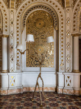 Ines Large Sculptural Floor Lamp Modern Uplight Brass and Fabric Standing Light