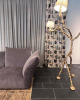 Ines Large Sculptural Floor Lamp Modern Uplight Brass and Fabric Standing Light