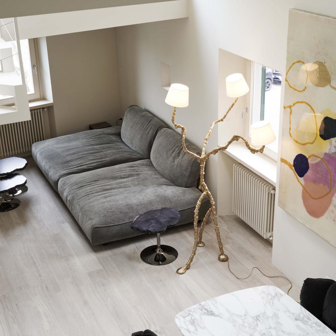 Ines Large Sculptural Floor Lamp Modern Uplight Brass and Fabric Standing Light