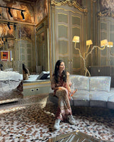 Ines Large Sculptural Floor Lamp Modern Uplight Brass and Fabric Standing Light