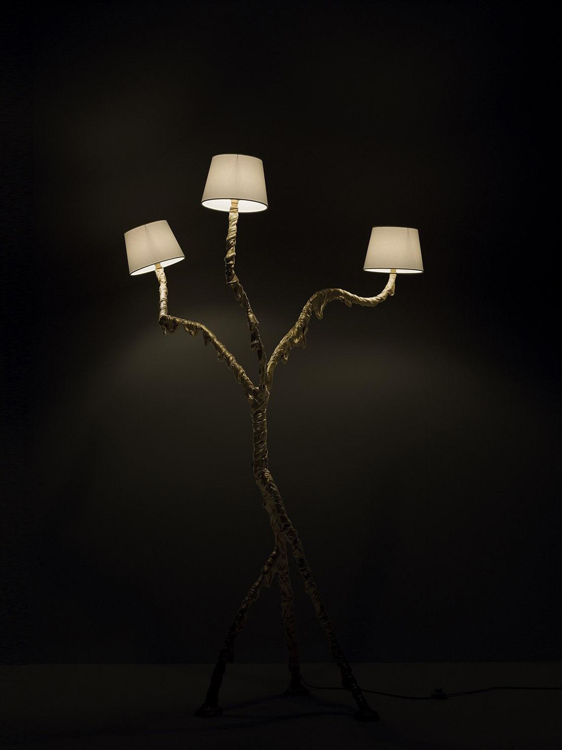 Ines Large Sculptural Floor Lamp Modern Uplight Brass and Fabric Standing Light