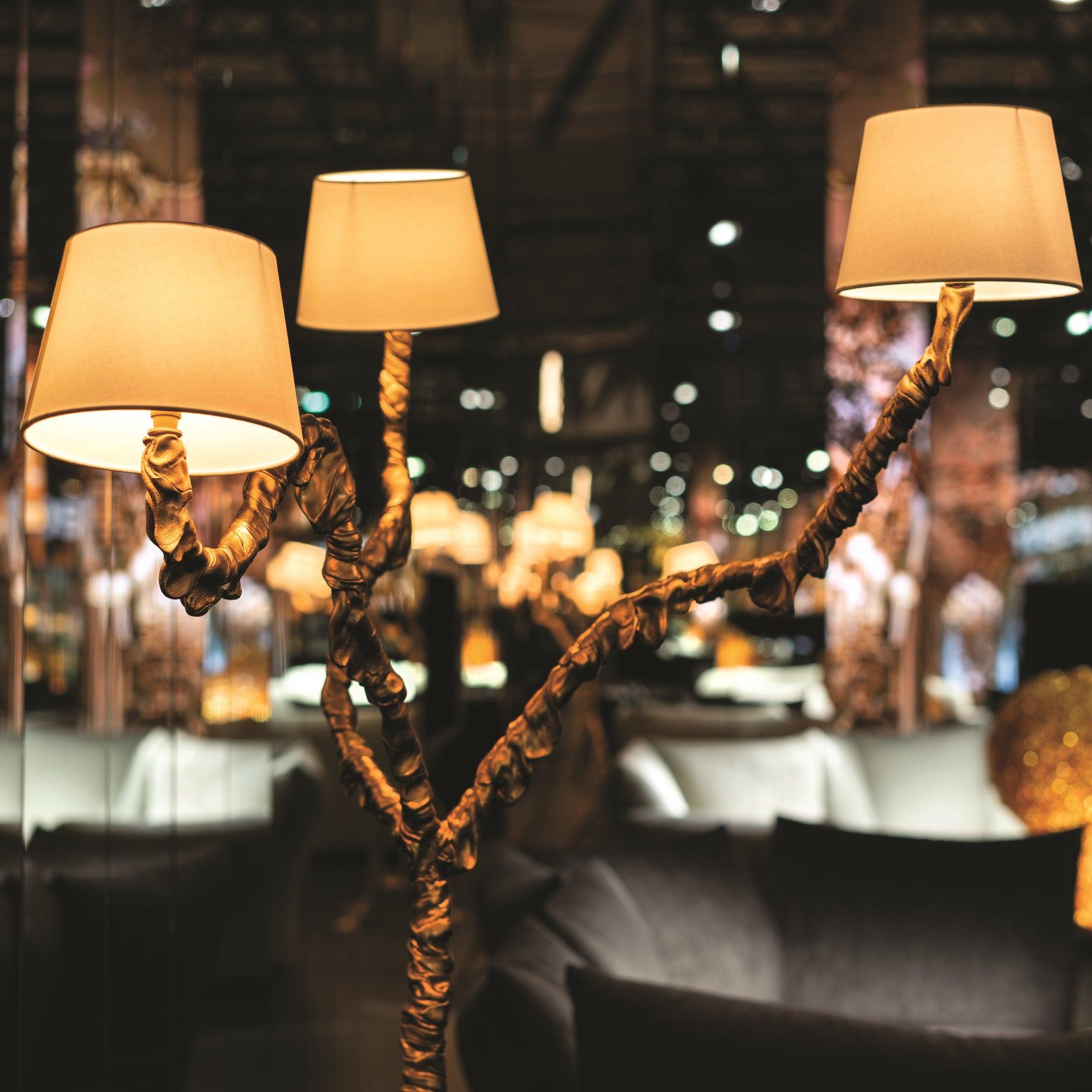Ines Large Sculptural Floor Lamp Modern Uplight Brass and Fabric Standing Light