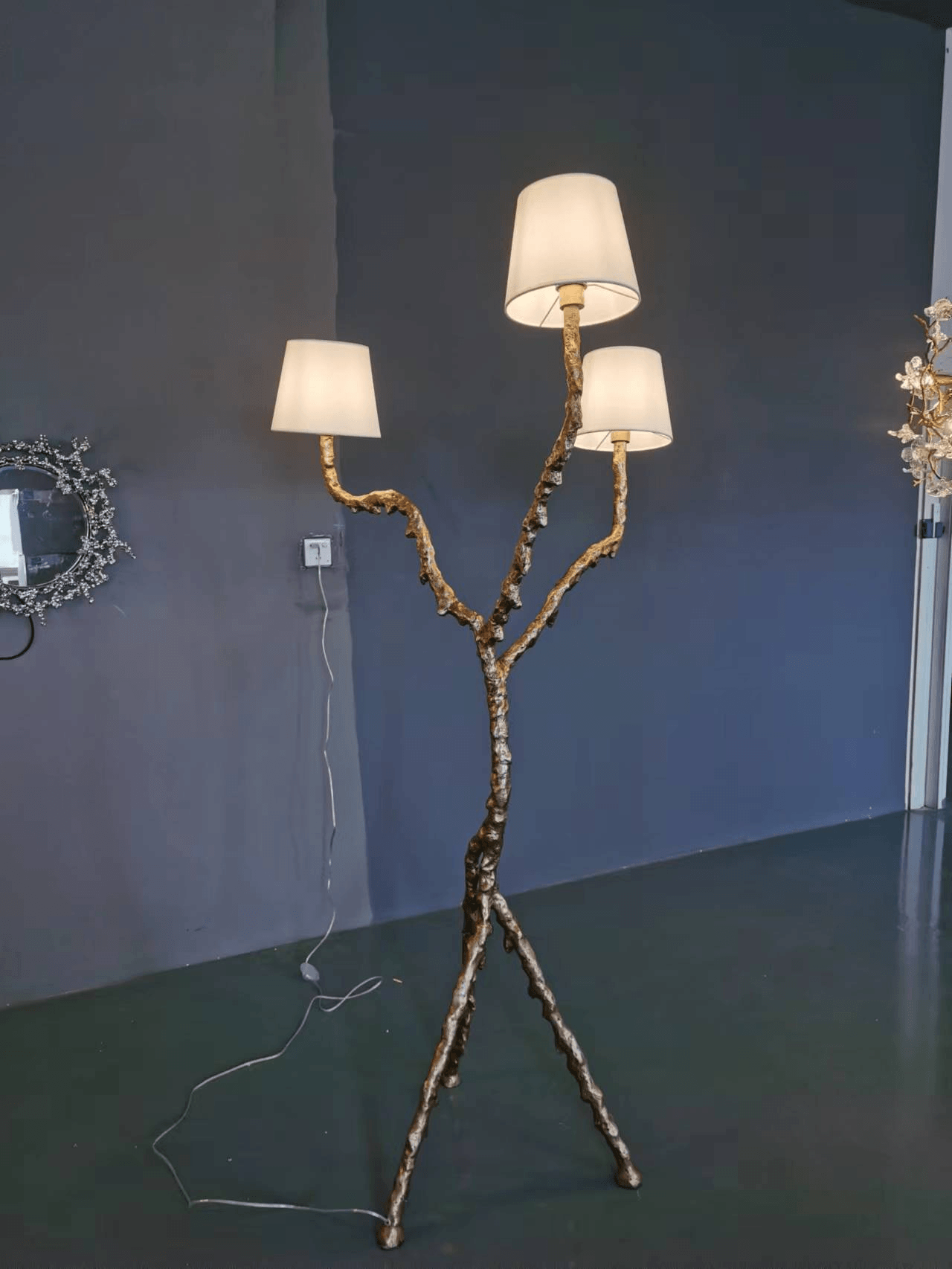 Ines Large Sculptural Floor Lamp Modern Uplight Brass and Fabric Standing Light