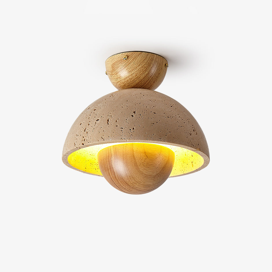 Travertine and Wood Inverted Flush Mount Ceiling Lamp Modern LED Indoor Light Fixture