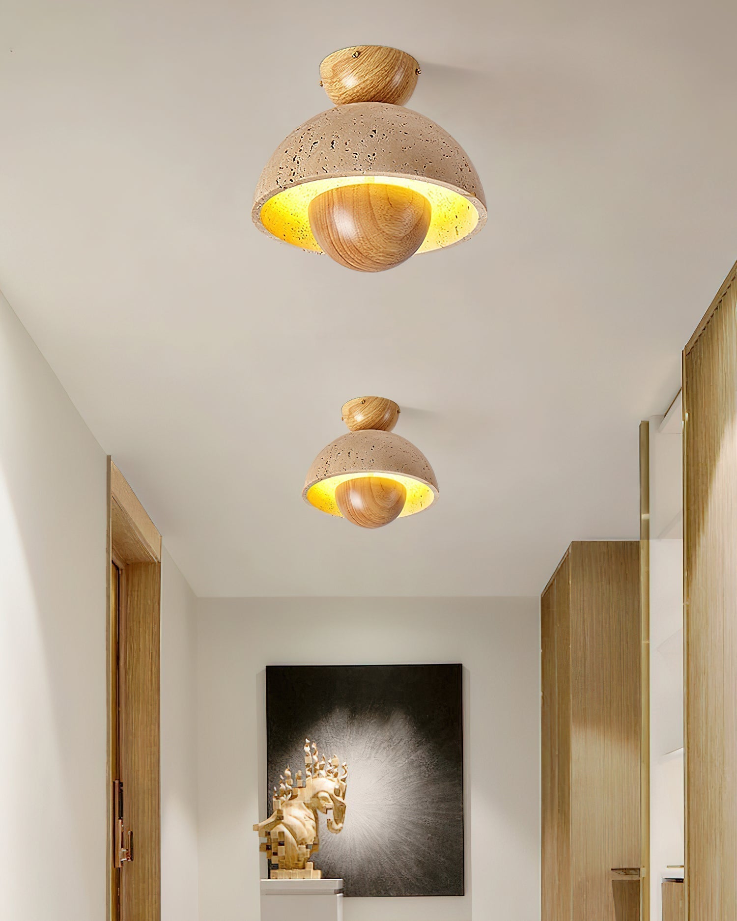 Travertine and Wood Inverted Flush Mount Ceiling Lamp Modern LED Indoor Light Fixture