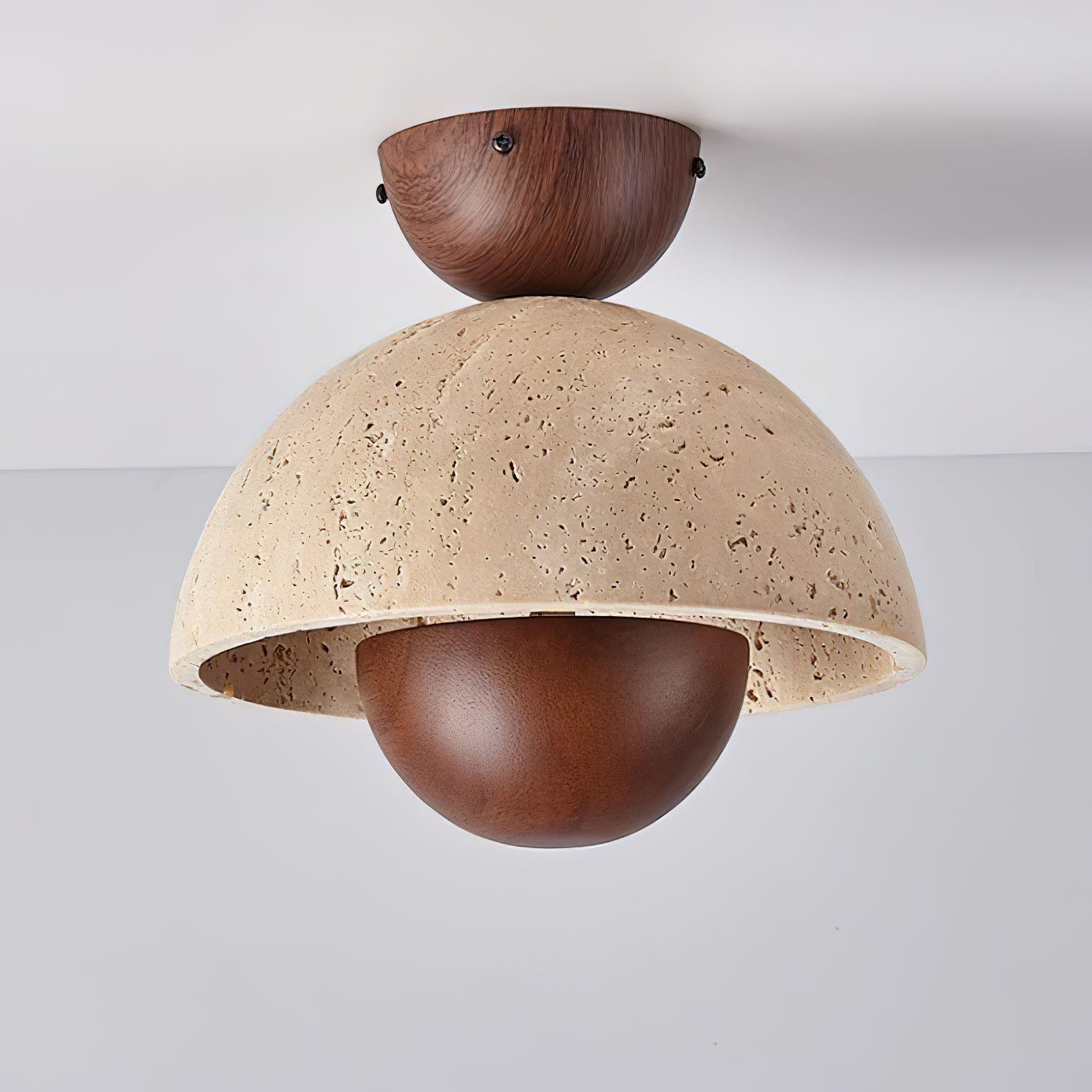 Travertine and Wood Inverted Flush Mount Ceiling Lamp Modern LED Indoor Light Fixture