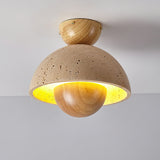 Travertine and Wood Inverted Flush Mount Ceiling Lamp Modern LED Indoor Light Fixture