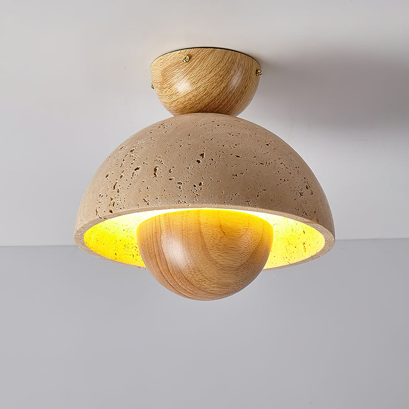 Travertine and Wood Inverted Flush Mount Ceiling Lamp Modern LED Indoor Light Fixture