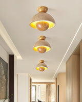 Travertine and Wood Inverted Flush Mount Ceiling Lamp Modern LED Indoor Light Fixture