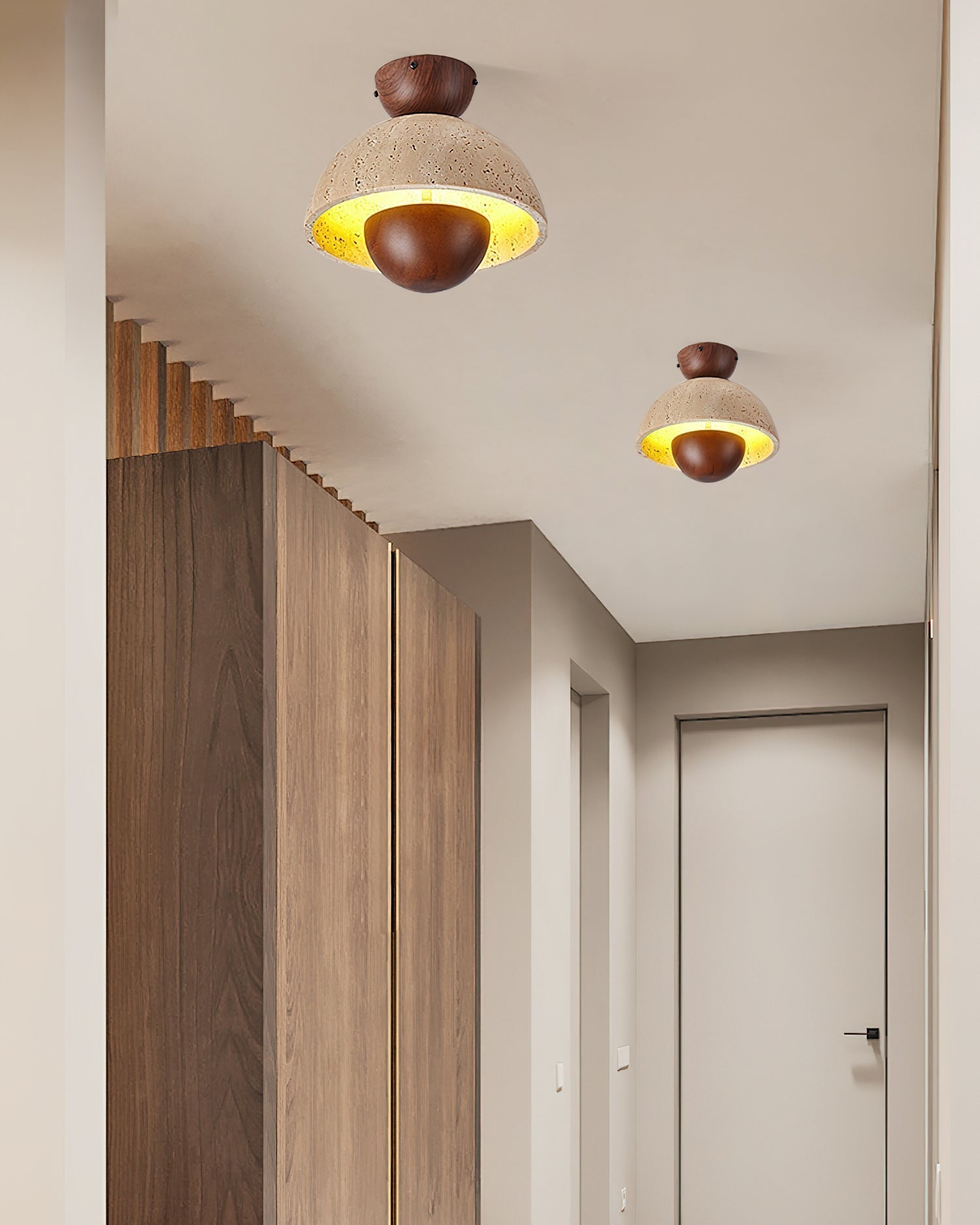 Travertine and Wood Inverted Flush Mount Ceiling Lamp Modern LED Indoor Light Fixture