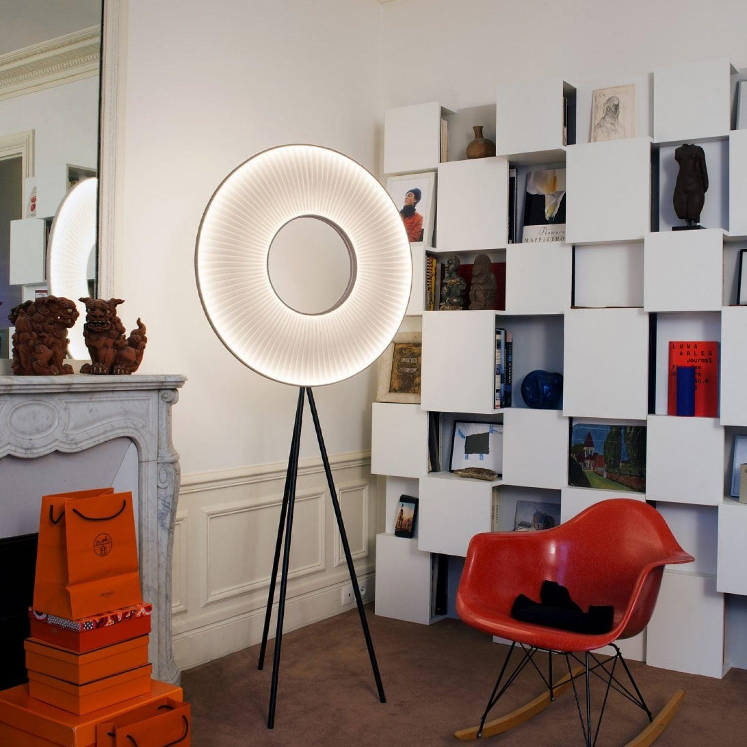 Modern Iris LED Floor Lamp with White Fabric Shade and Adjustable Color Temperatures