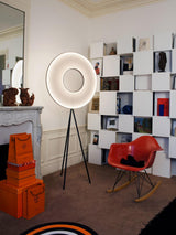 Modern Iris LED Floor Lamp with White Fabric Shade and Adjustable Color Temperatures