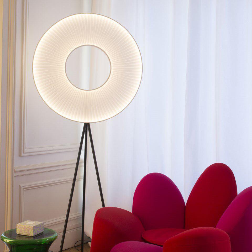 Modern Iris LED Floor Lamp with White Fabric Shade and Adjustable Color Temperatures