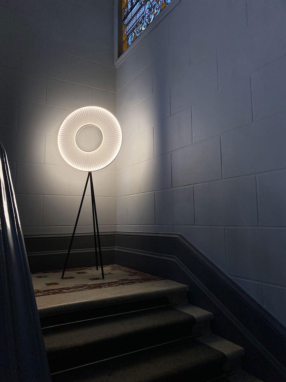 Modern Iris LED Floor Lamp with White Fabric Shade and Adjustable Color Temperatures