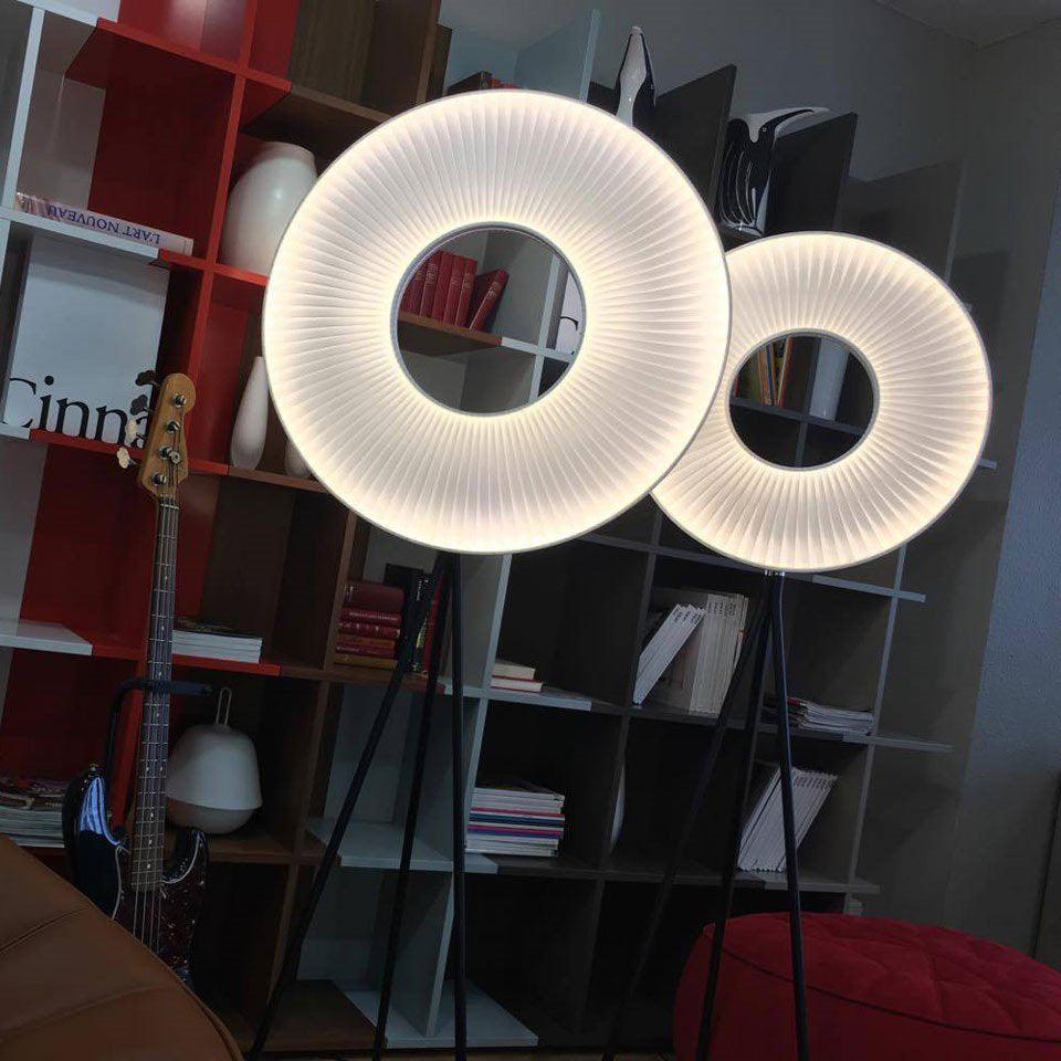 Modern Iris LED Floor Lamp with White Fabric Shade and Adjustable Color Temperatures