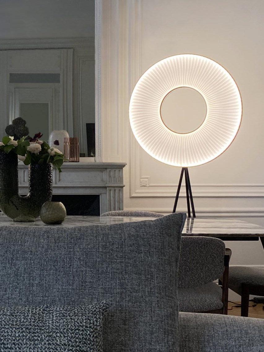 Modern Iris LED Floor Lamp with White Fabric Shade and Adjustable Color Temperatures