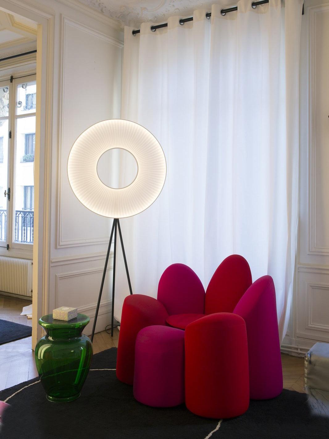 Modern Iris LED Floor Lamp with White Fabric Shade and Adjustable Color Temperatures