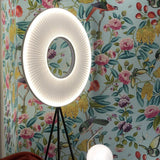 Modern Iris LED Floor Lamp with White Fabric Shade and Adjustable Color Temperatures
