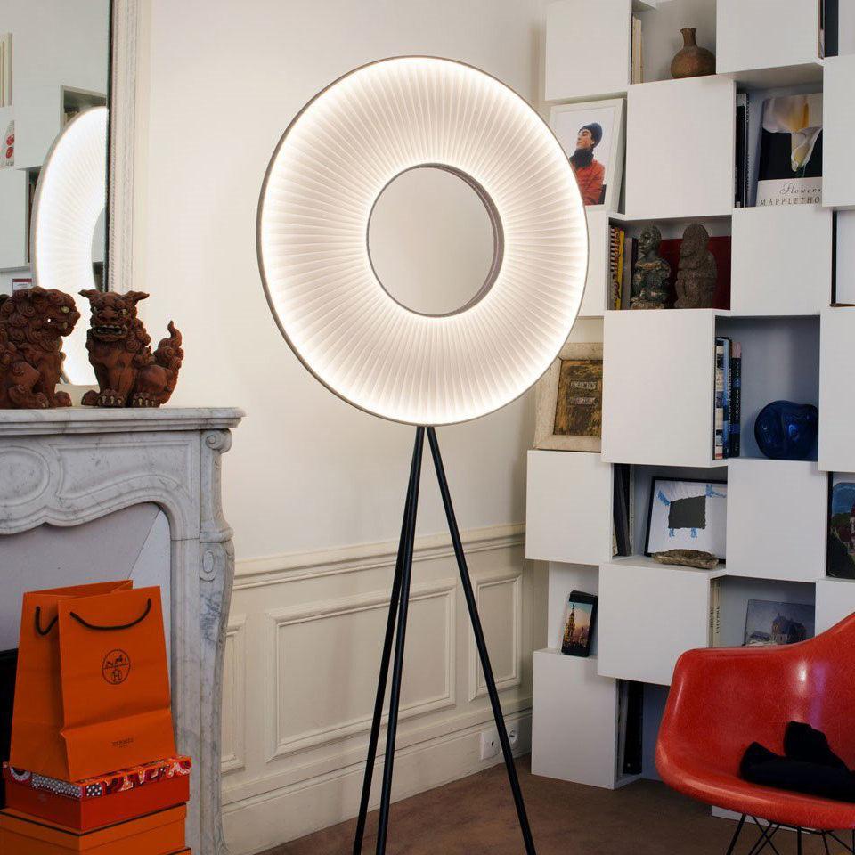 Modern Iris LED Floor Lamp with White Fabric Shade and Adjustable Color Temperatures