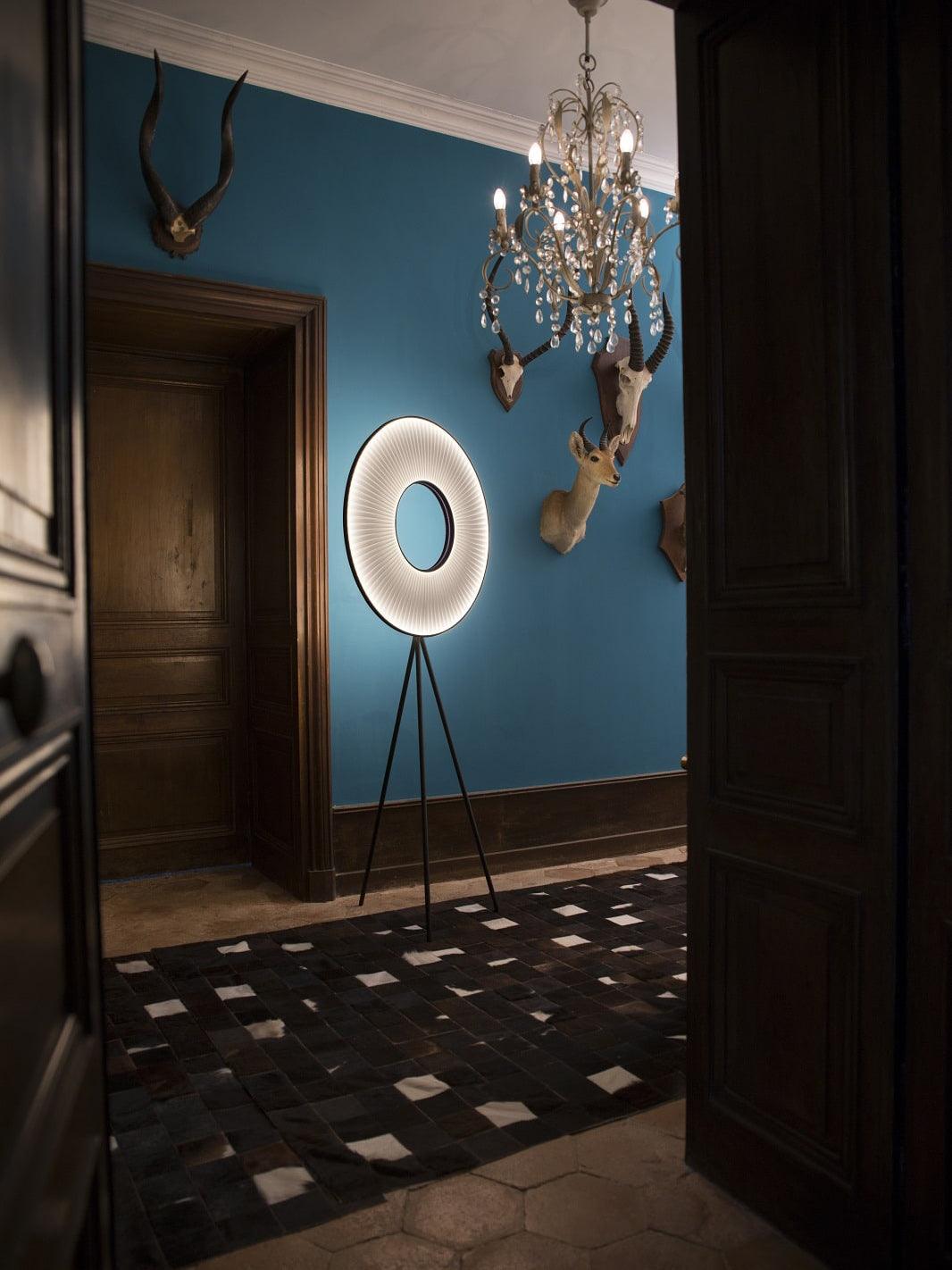 Modern Iris LED Floor Lamp with White Fabric Shade and Adjustable Color Temperatures