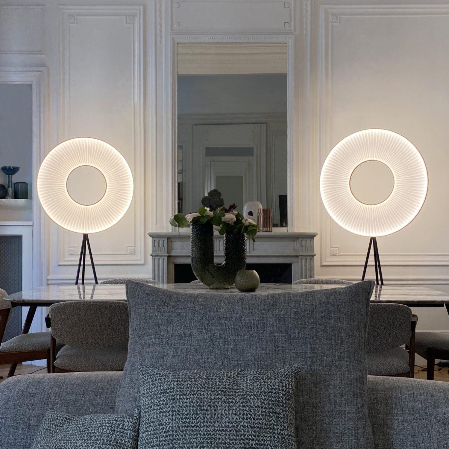 Modern Iris LED Floor Lamp with White Fabric Shade and Adjustable Color Temperatures