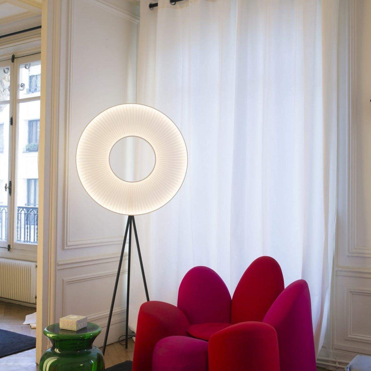 Modern Iris LED Floor Lamp with White Fabric Shade and Adjustable Color Temperatures