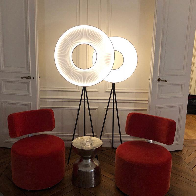 Modern Iris LED Floor Lamp with White Fabric Shade and Adjustable Color Temperatures