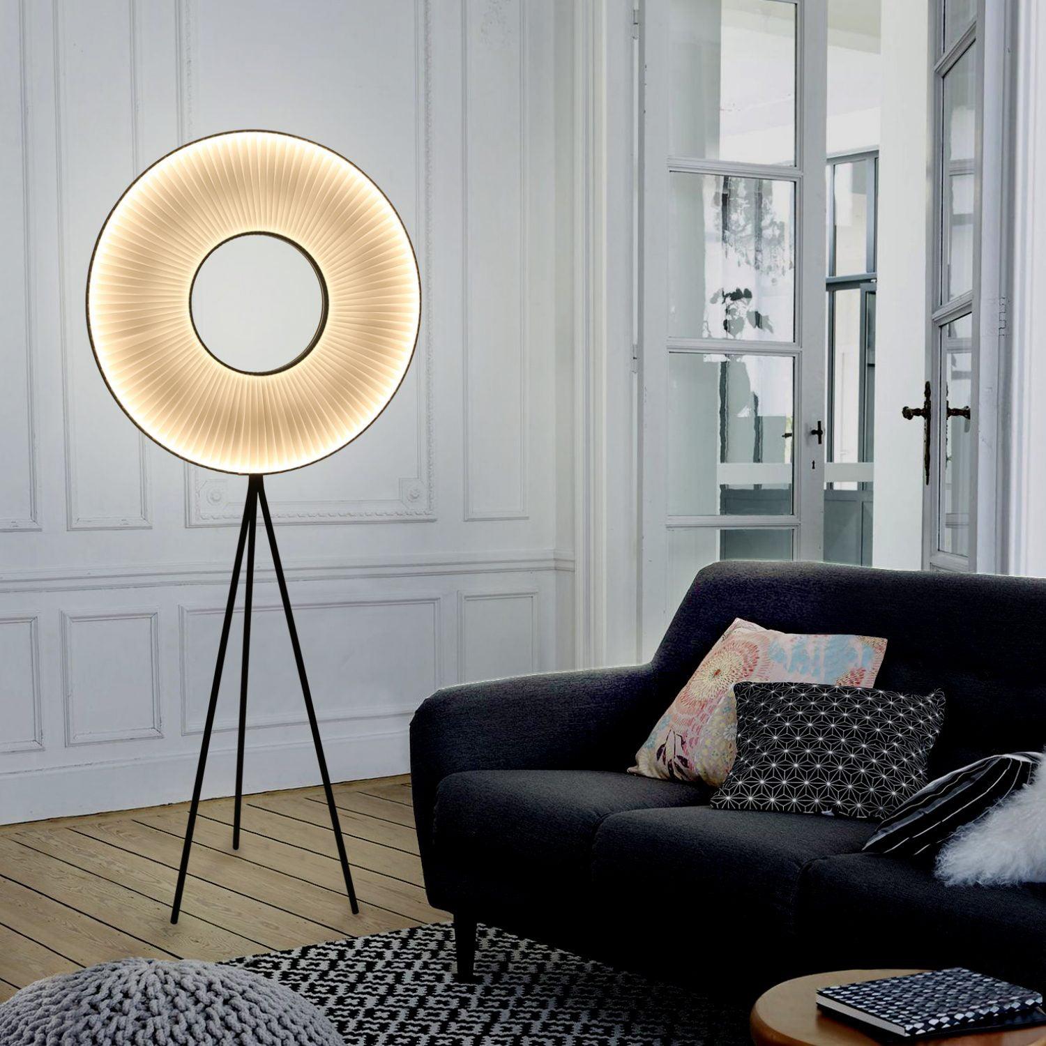 Modern Iris LED Floor Lamp with White Fabric Shade and Adjustable Color Temperatures