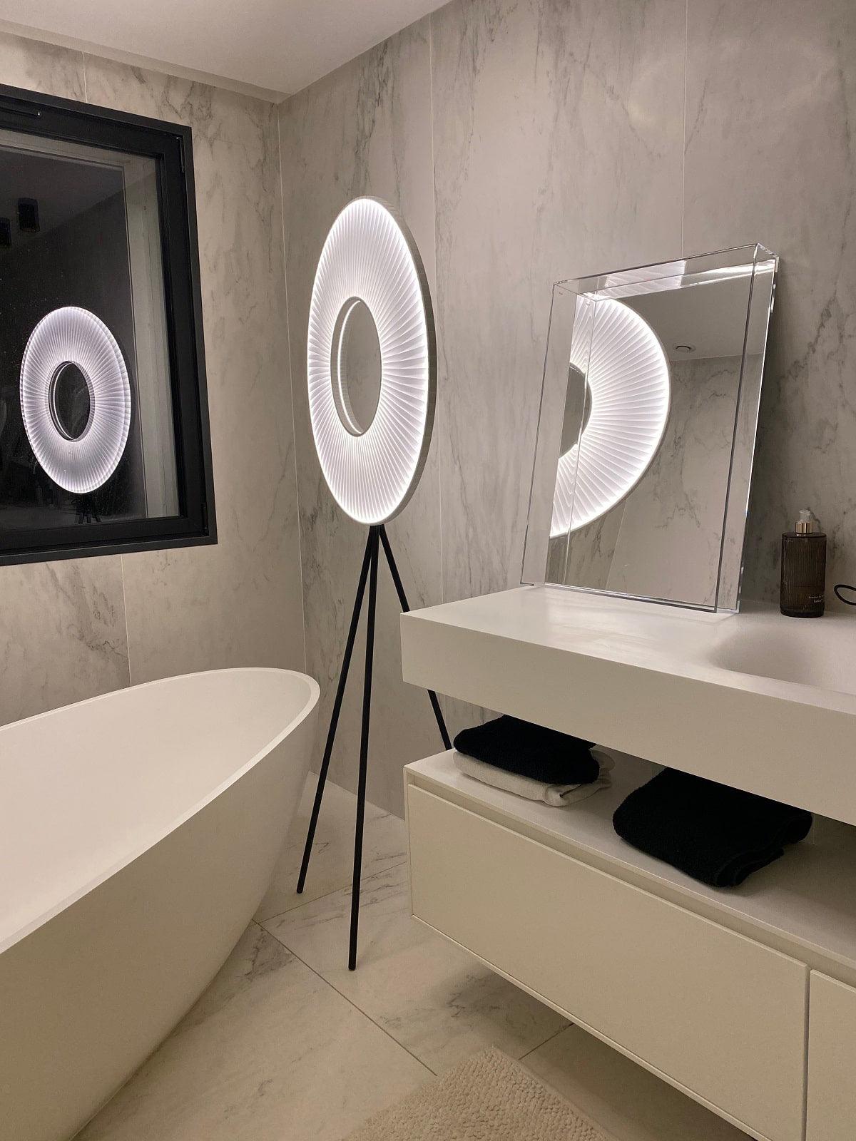 Modern Iris LED Floor Lamp with White Fabric Shade and Adjustable Color Temperatures